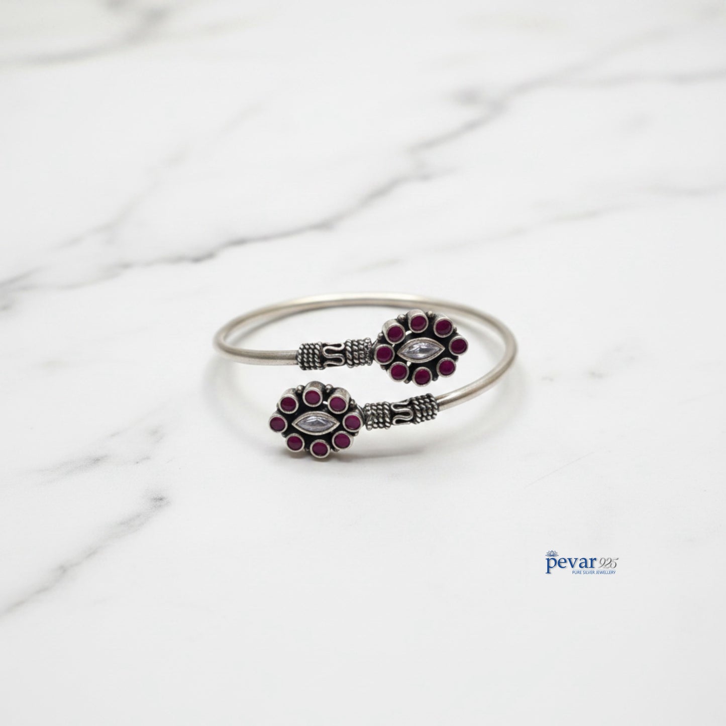 Oxidized Silver Adjustable Ruby Flower Kada Bracelet