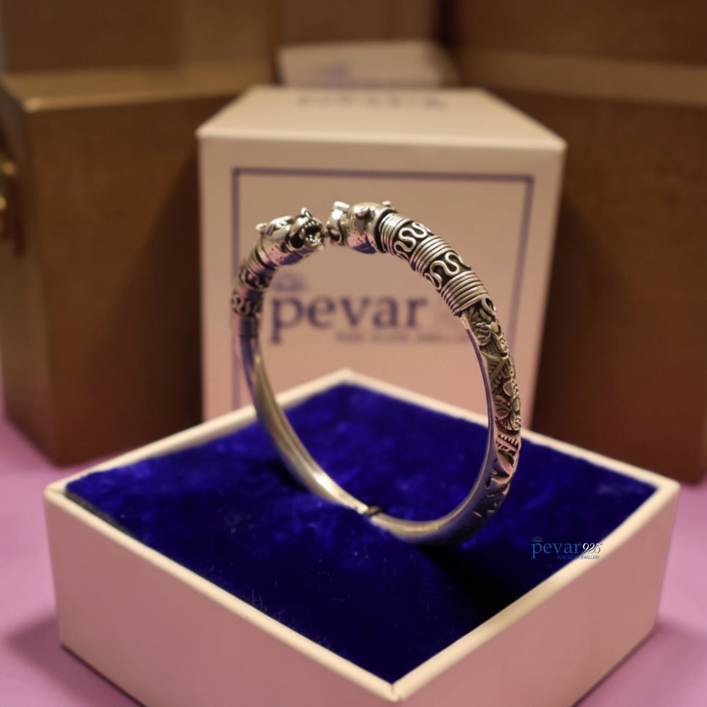Oxidized Silver Adjustable Lion Head Kada Bracelet