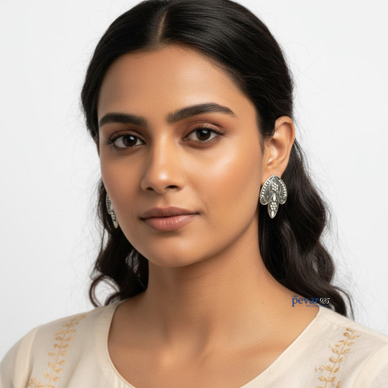 Oxidized Silver big Leaf Motif Earrings