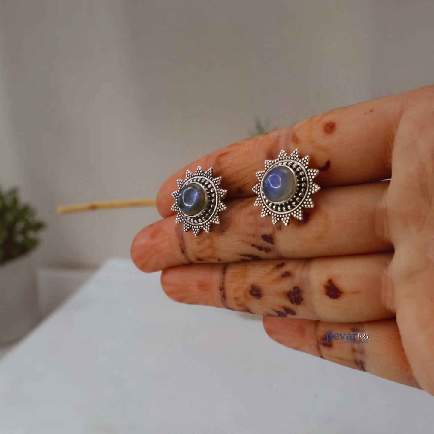 Oxidized Silver Stud Earrings Bluecrom Stone Sunburst Design