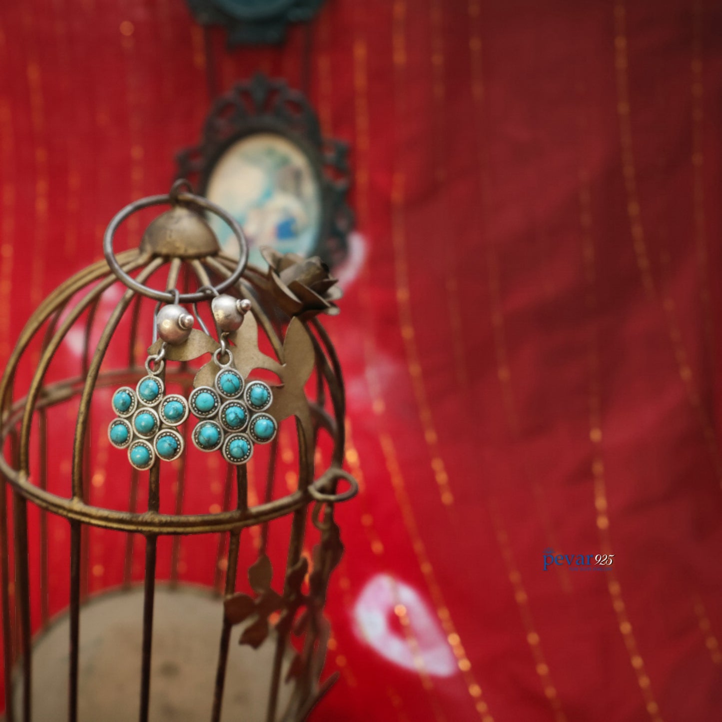 Oxidized Silver Turquoise Flower Earrings