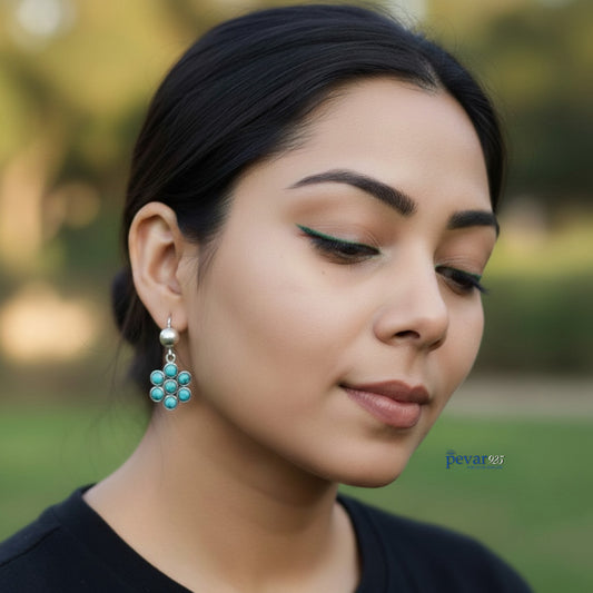 Oxidized Silver Turquoise Flower Earrings
