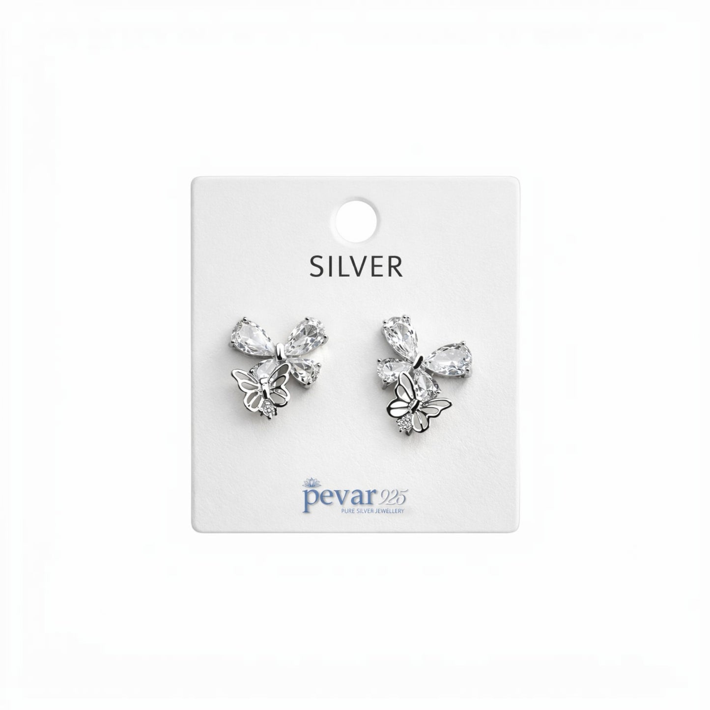 Silver butterfly earrings on a Pevar branded card
