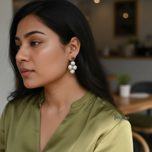 Oxidized Silver Red Ruby Hanging Earrings