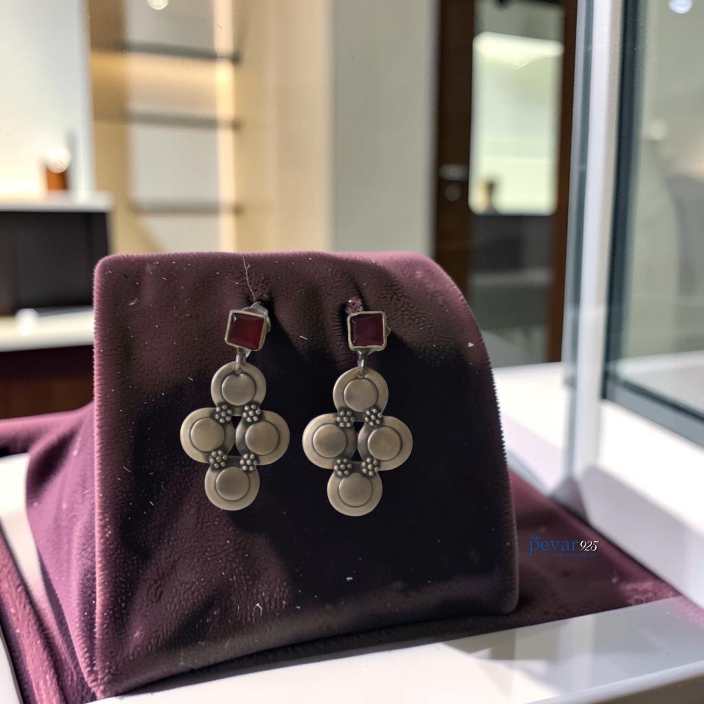 Oxidized Silver Red Ruby Hanging Earrings