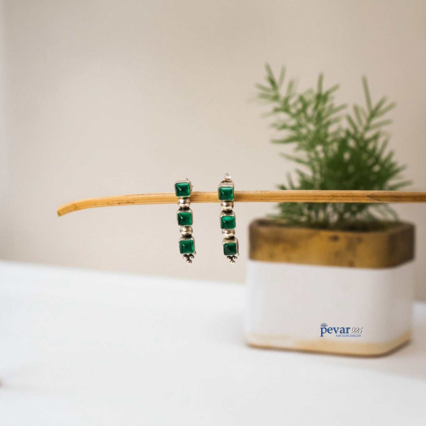 Oxidized Silver Earrings Green Gemstone Traditional Design