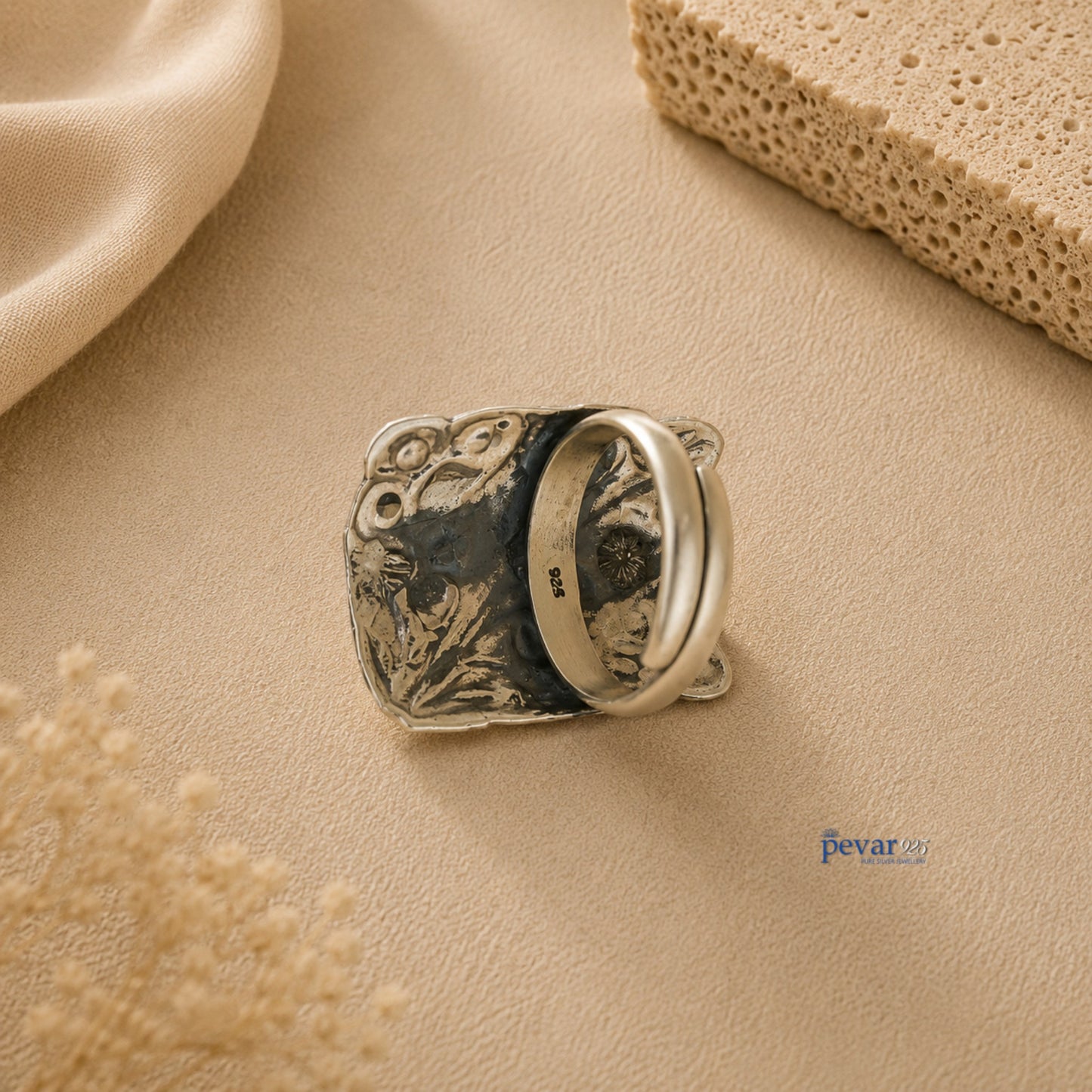 pevar925 oxidized silver rectangular adjustable ring with intricate floral chitai engraving and 925 hallmark stamp