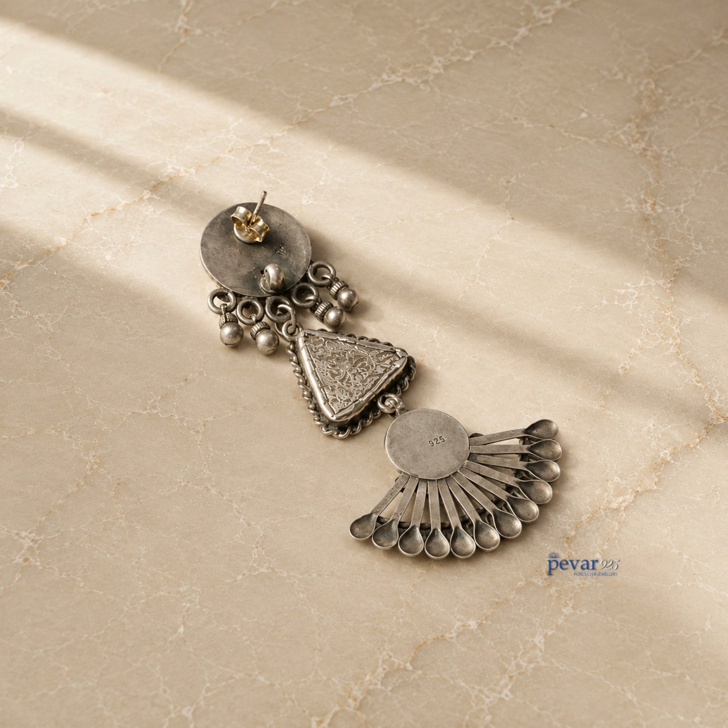 pevar925 oxidized 925 silver drop earrings with intricate floral engraving and dangling fan-shaped charms