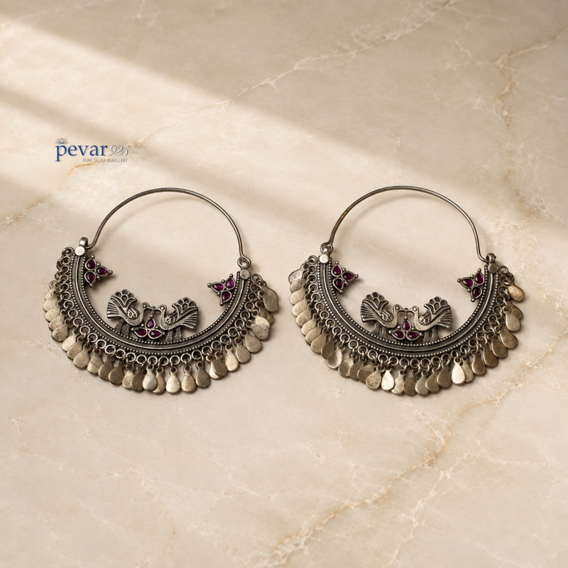 pevar925 oxidized 925 sterling silver Mayuri Chandbali earrings with magenta stone accents and peacock motifs