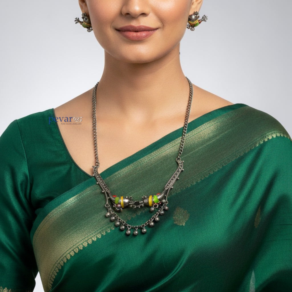 pevar925 oxidized silver necklace and earrings set featuring twin parrot motifs with colorful Minakari enamel work