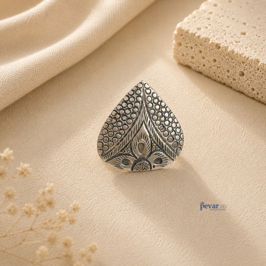 pevar925 oxidized silver adjustable ring with intricate paan leaf motif and traditional chitai engraving