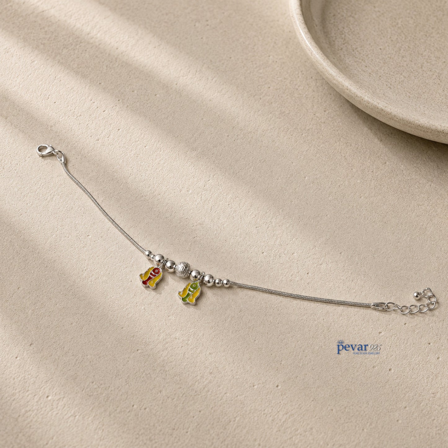 pevar925 sterling silver kids bracelet with colorful enamel twin fish charms and rhodium plated beads