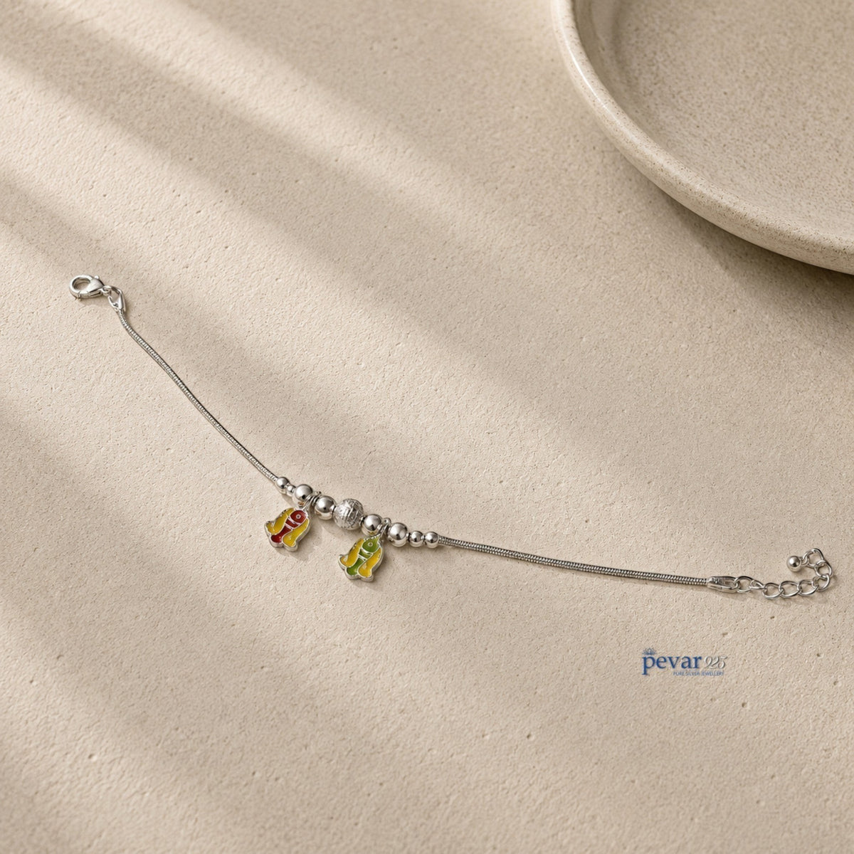 pevar925 sterling silver kids bracelet with colorful enamel twin fish charms and rhodium plated beads