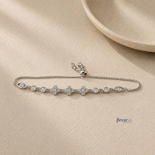 pevar925 sterling silver adjustable bracelet featuring square diamond motifs and rhodium plating on a textured surface.