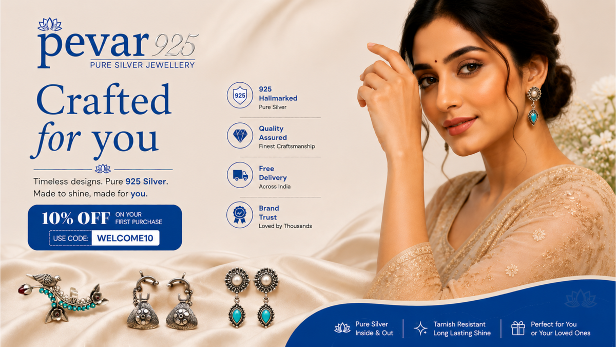 Advertisement for pevar 925 silver jewelry with a woman wearing earrings and text highlighting features.