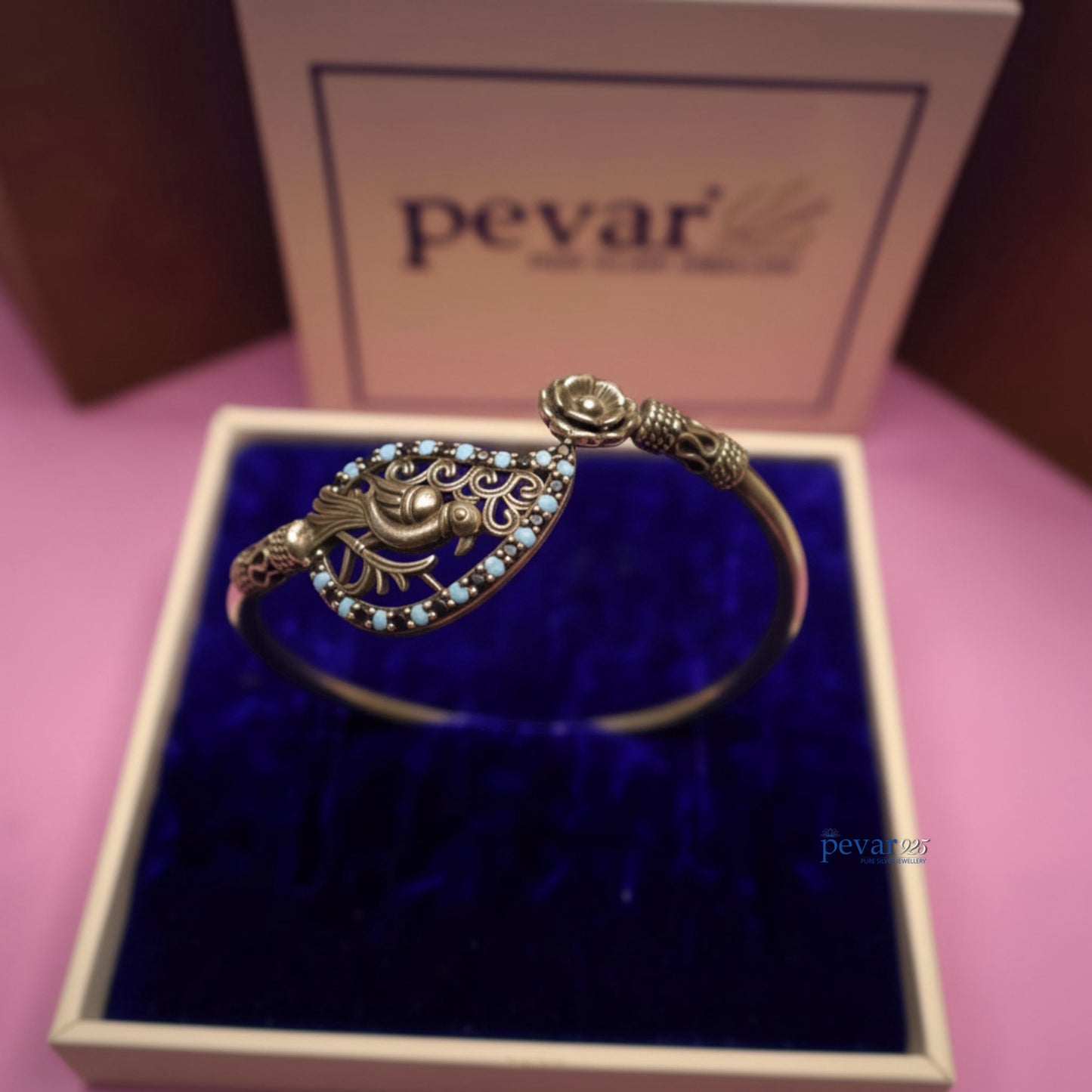 Oxidized Silver Adjustable Sparrow Blue Stone Kada Bracelet