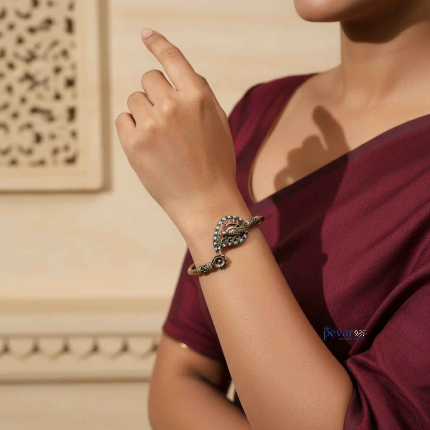 Oxidized Silver Adjustable Sparrow Blue Stone Kada Bracelet