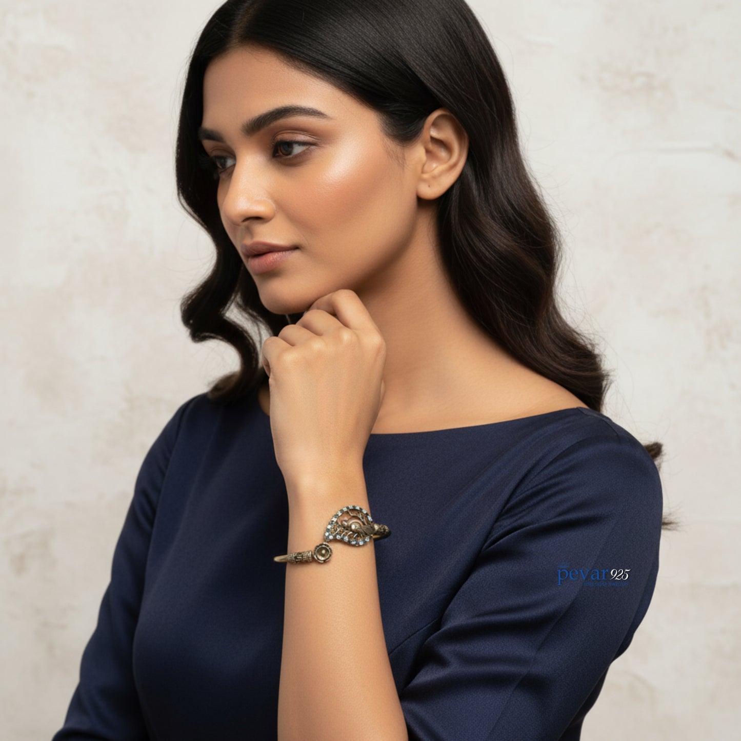 Oxidized Silver Adjustable Sparrow Blue Stone Kada Bracelet