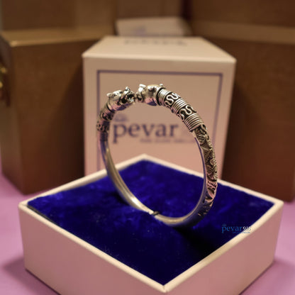 Oxidized Silver Adjustable Lion Head Kada Bracelet