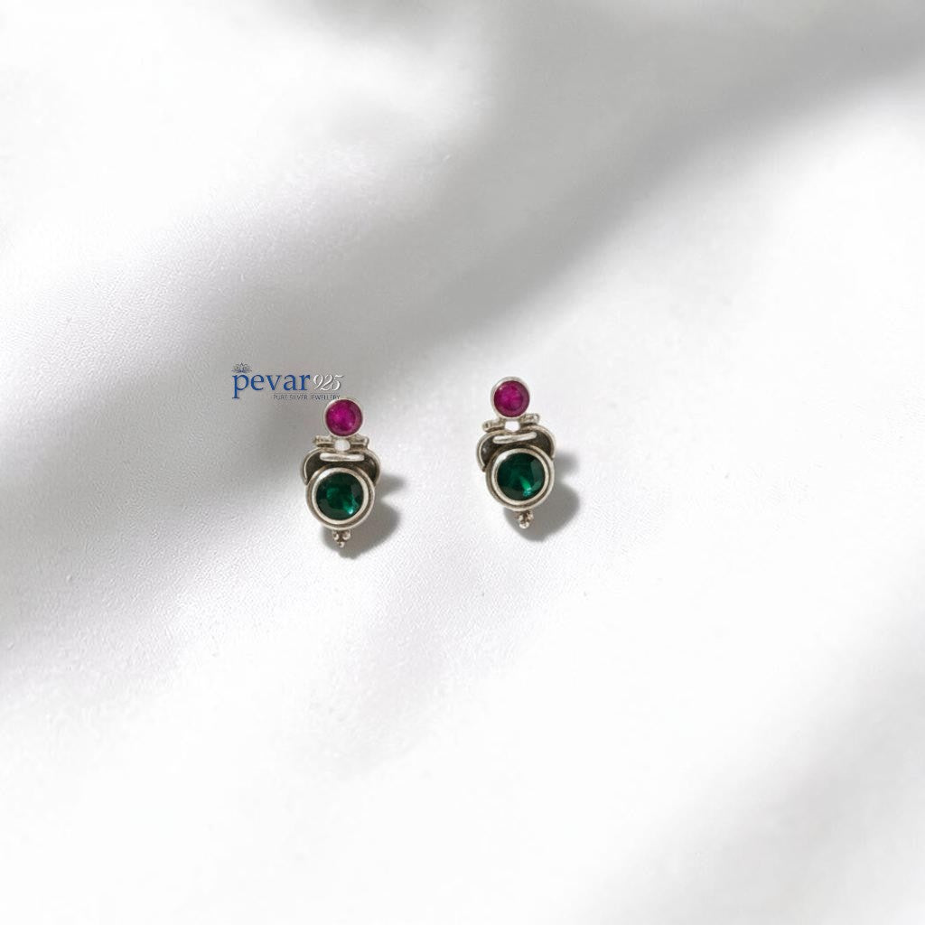 Oxidized Silver Tranditional Red and Green Stone Earrings