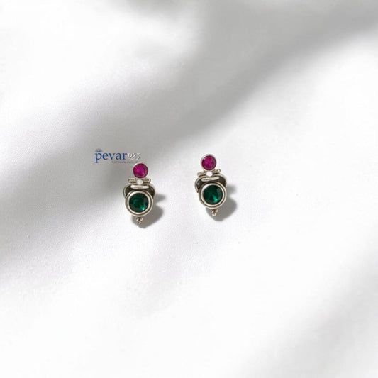 Oxidized Silver Tranditional Red and Green Stone Earrings