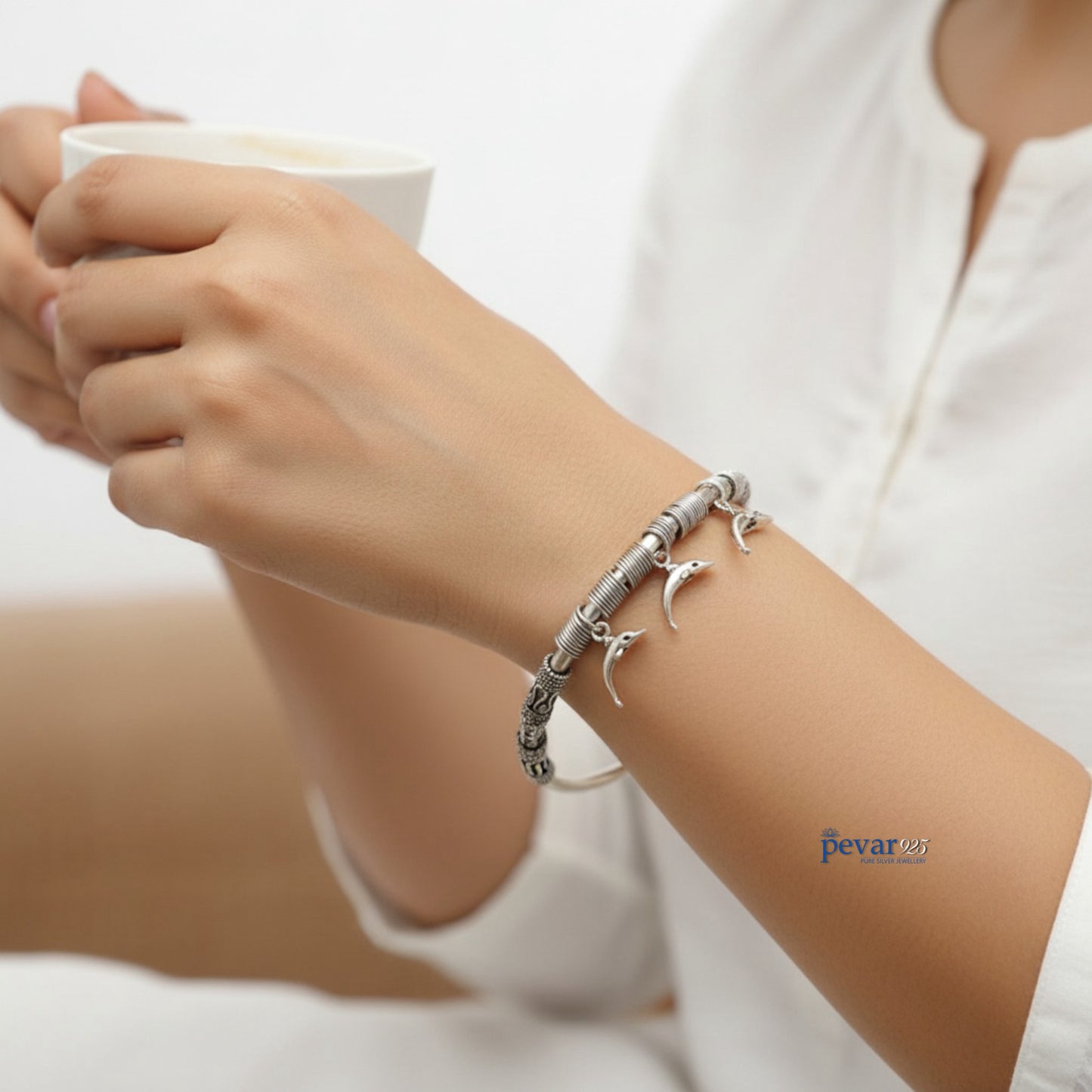 Oxidized Silver Adjustable Turtle Dolphin Kada Bracelet