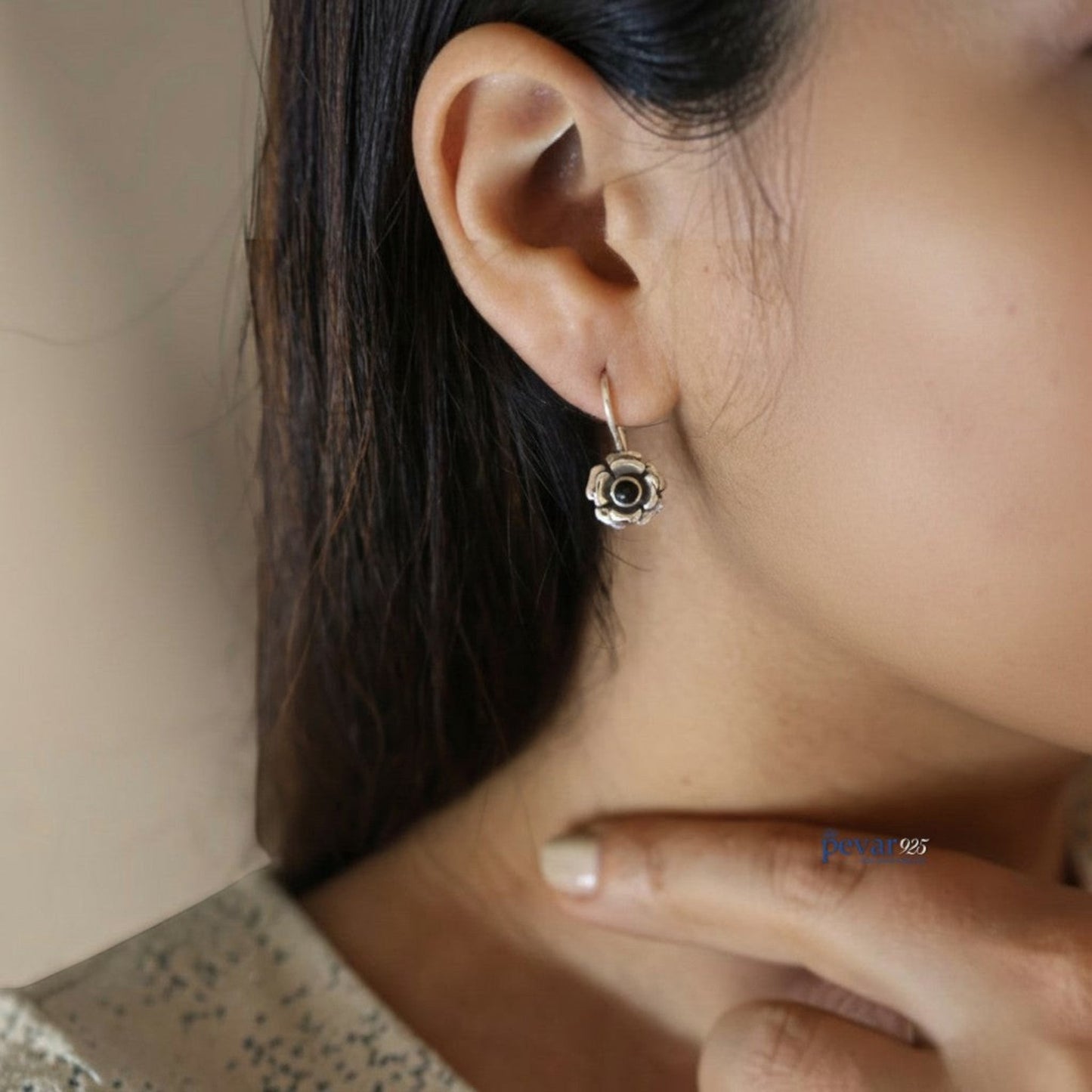 Oxidized Silver Black Stone Rose Flower Drop Earrings