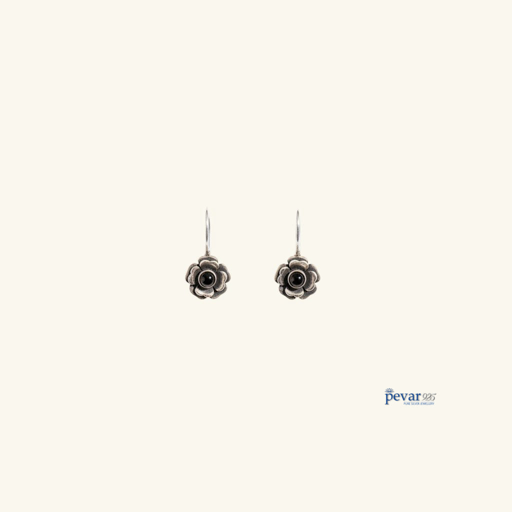 Oxidized Silver Black Stone Rose Flower Drop Earrings
