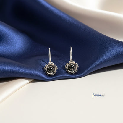 Oxidized Silver Black Stone Rose Flower Drop Earrings
