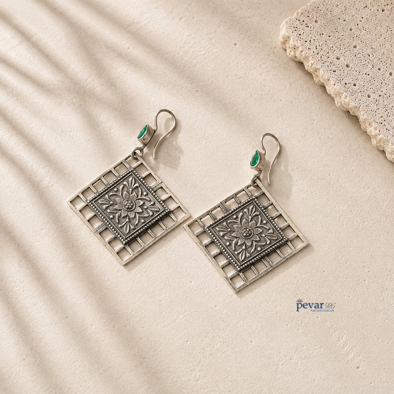 Oxidized Silver Floral Square Jali Green Drop Earrings