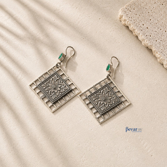 Oxidized Silver Floral Square Jali Green Drop Earrings