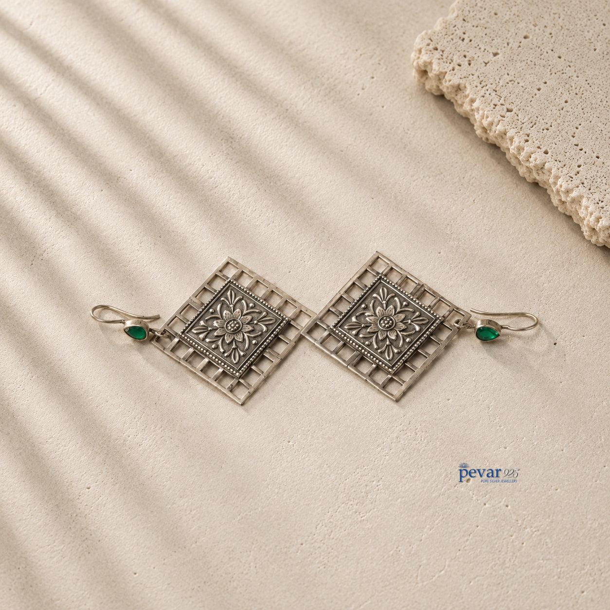 Oxidized Silver Floral Square Jali Green Drop Earrings