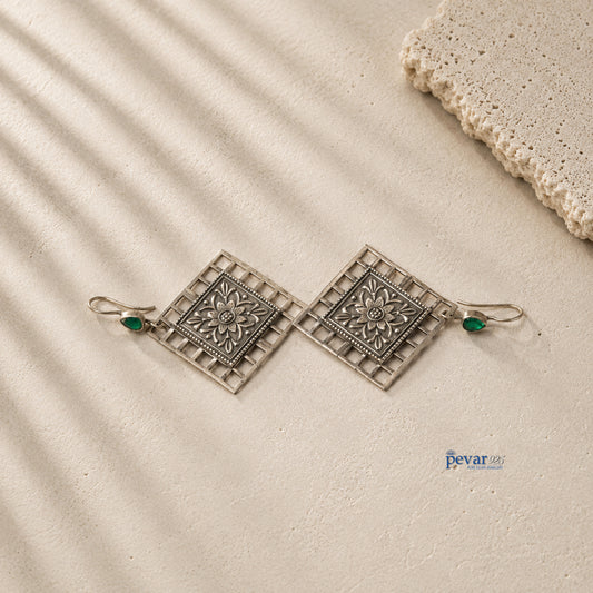 Oxidized Silver Floral Square Jali Green Drop Earrings
