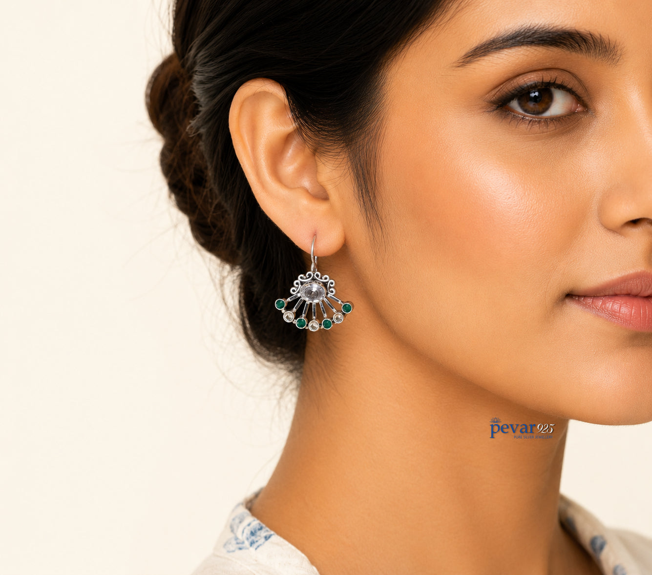Oxidized Silver Green Stone Fan Earrings