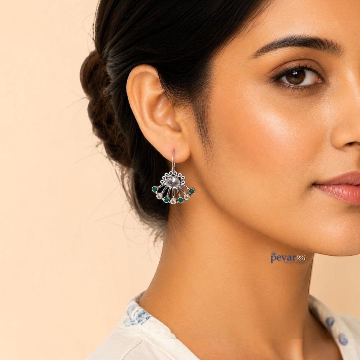 Oxidized Silver Green Stone Fan Earrings