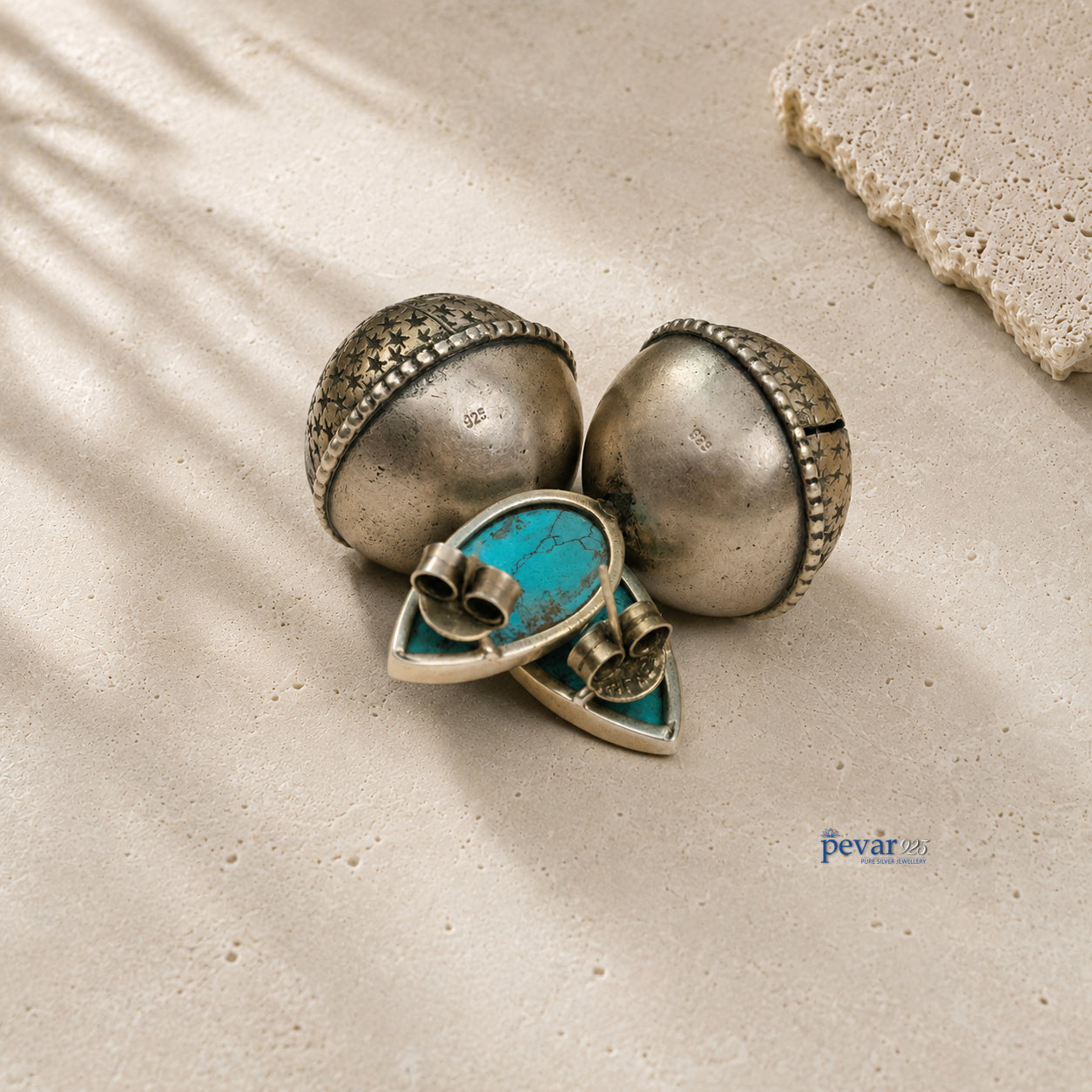 Oxidized Silver Turquoise Stone Bell Earrings