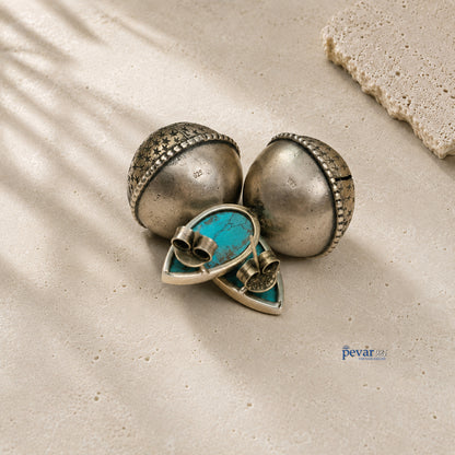 Oxidized Silver Turquoise Stone Bell Earrings