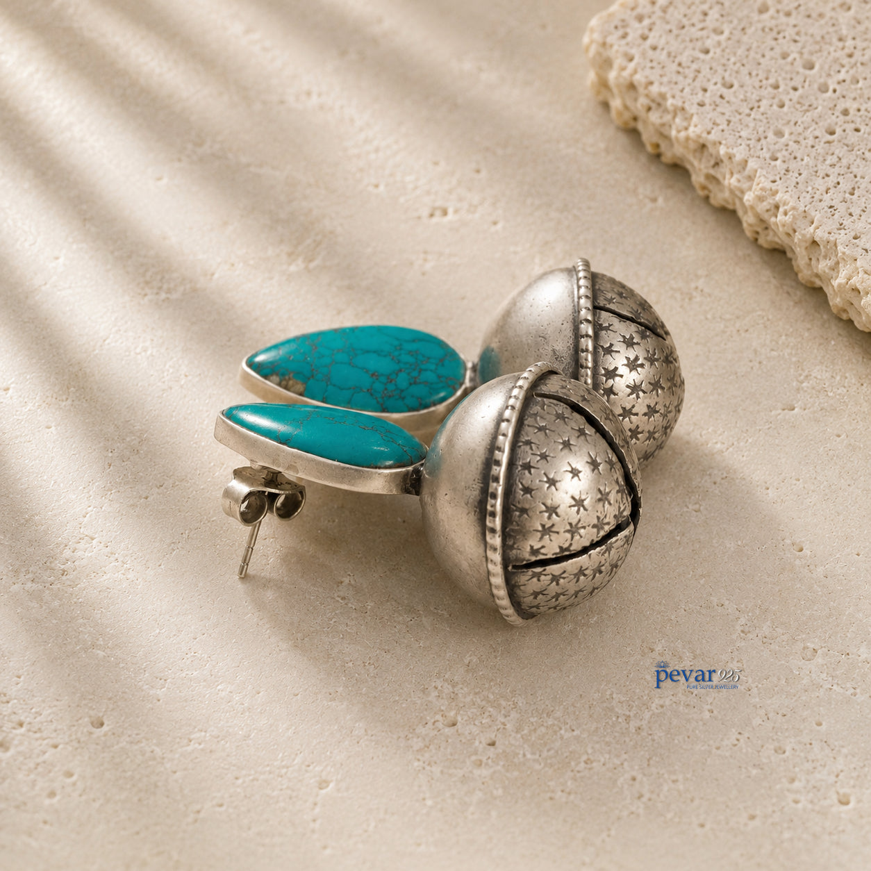Oxidized Silver Turquoise Stone Bell Earrings