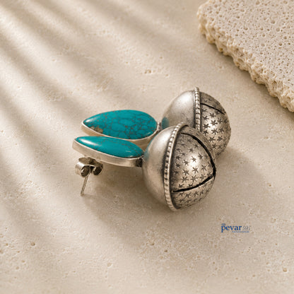 Oxidized Silver Turquoise Stone Bell Earrings
