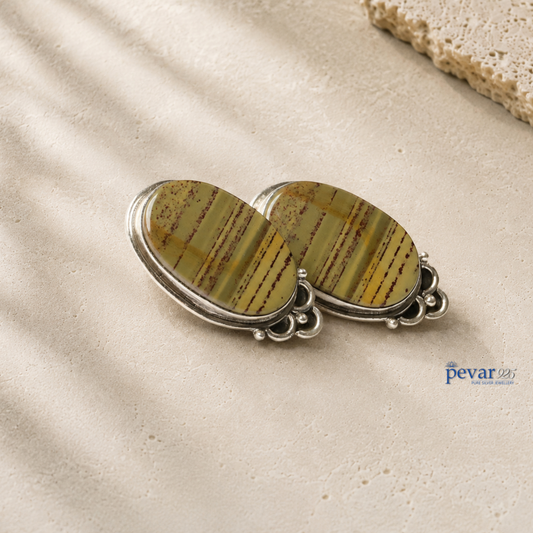 Oxidized Silver Oval Shape Earthy Stripes Studs