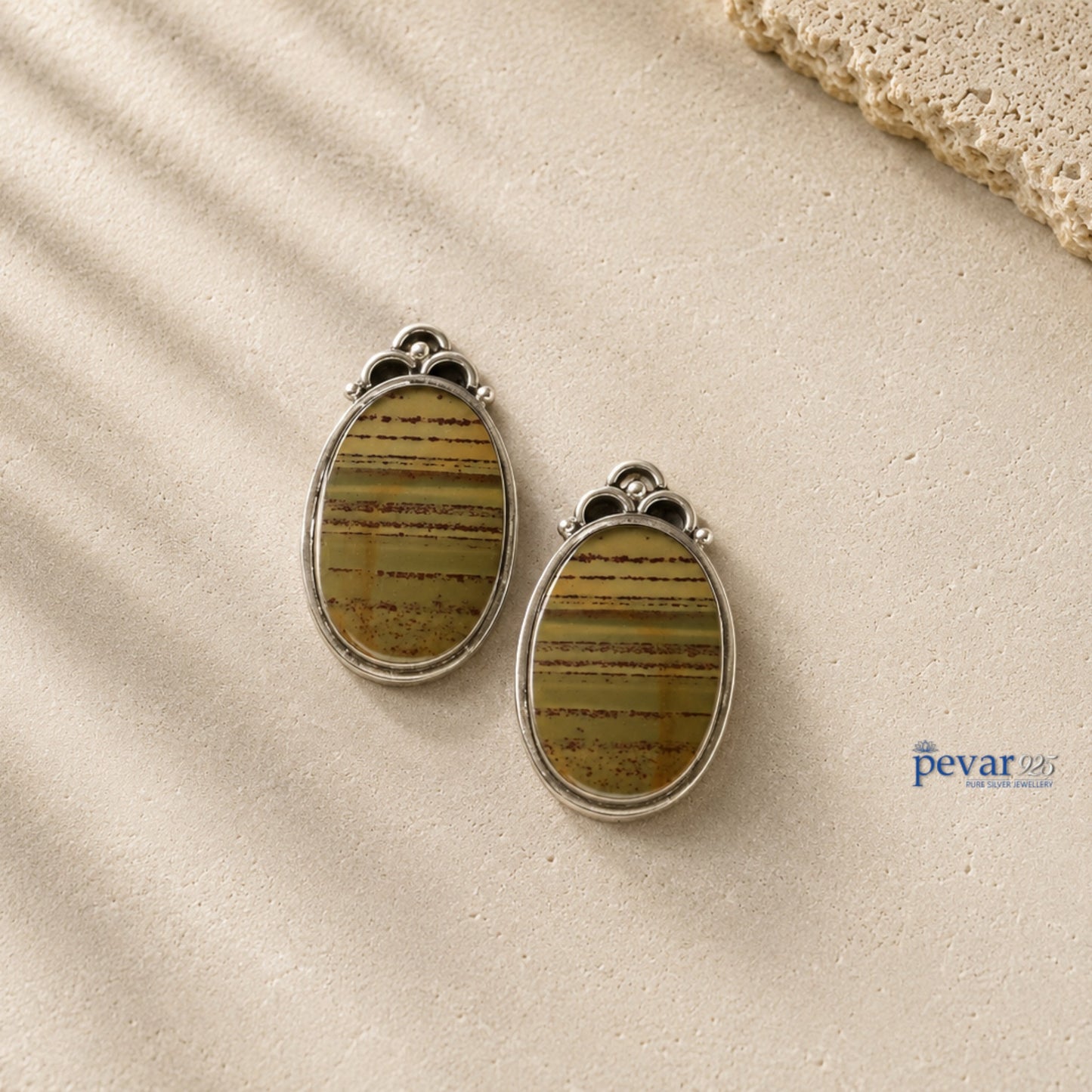 Oxidized Silver Oval Shape Earthy Stripes Studs
