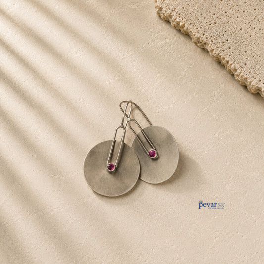 Oxidized Silver Ruby Stone Disc Earrings