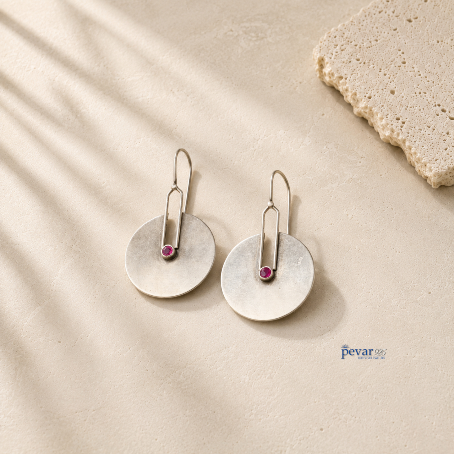 Oxidized Silver Ruby Stone Disc Earrings