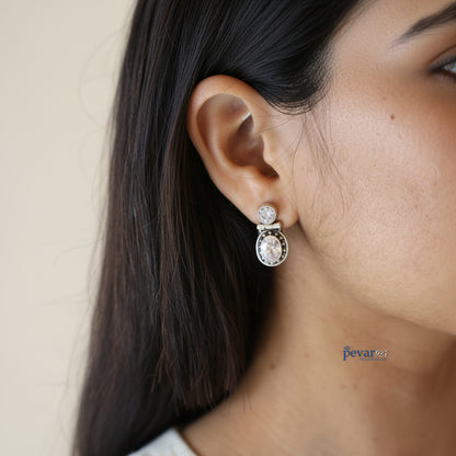 Oxidized Silver Shining Stone Hook Earrings