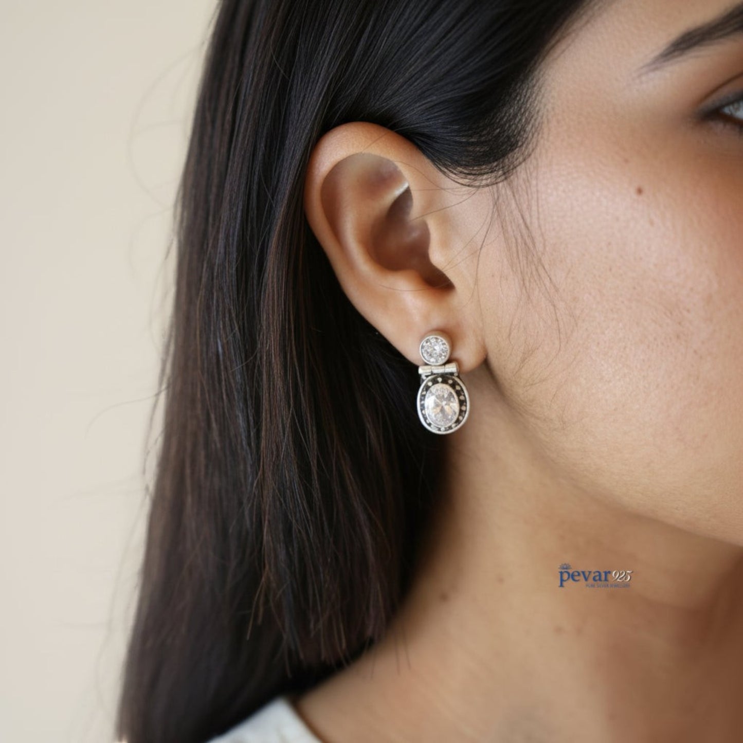 Oxidized Silver Shining Stone Hook Earrings