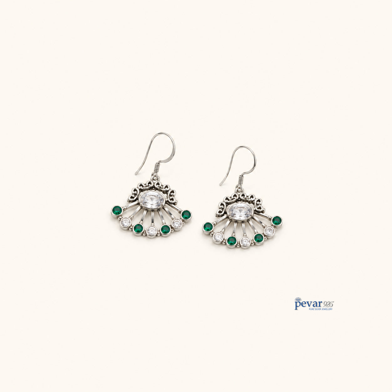Oxidized Silver Green Stone Fan Earrings