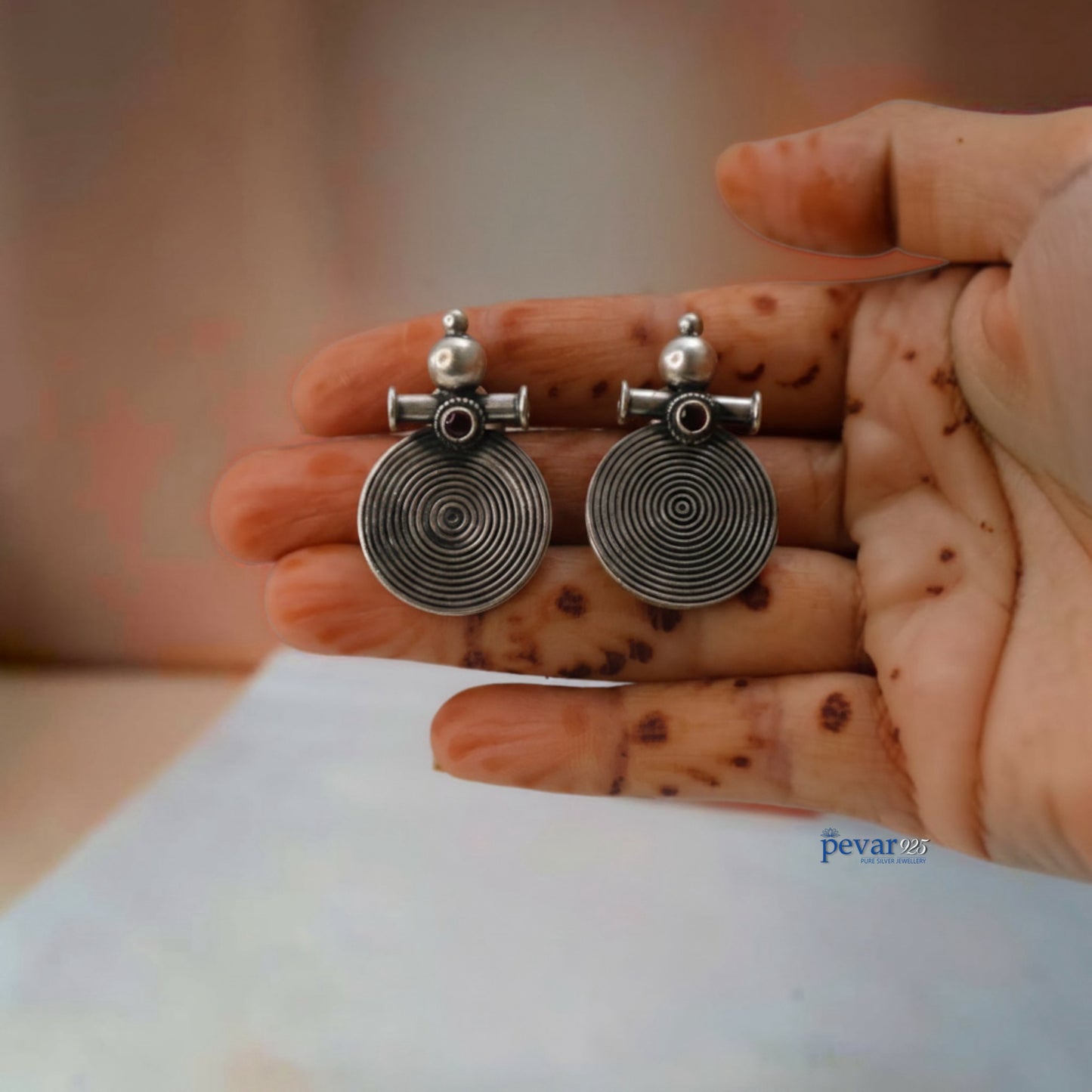 Oxidized Silver Ruby Disk Earrings