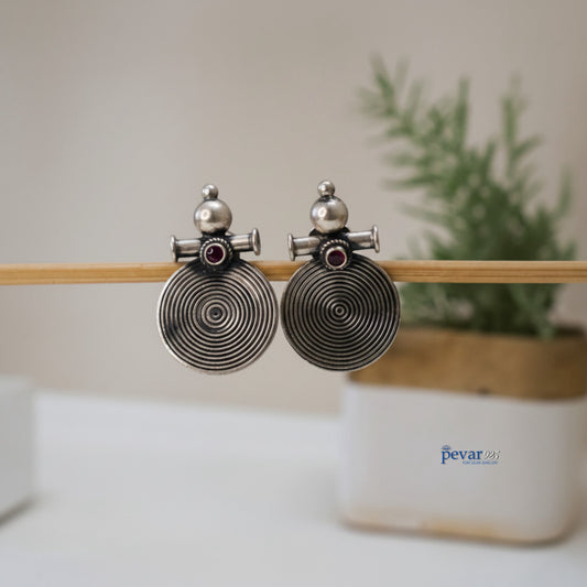 Oxidized Silver Ruby Disk Earrings