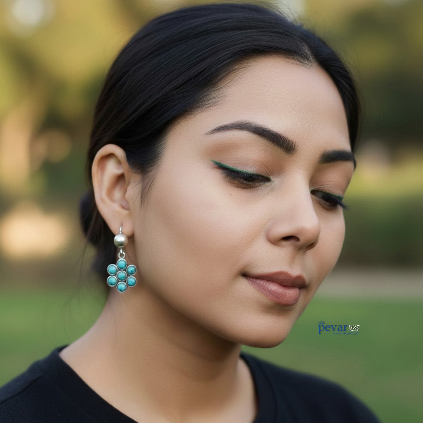 Oxidized Silver Turquoise Flower Earrings
