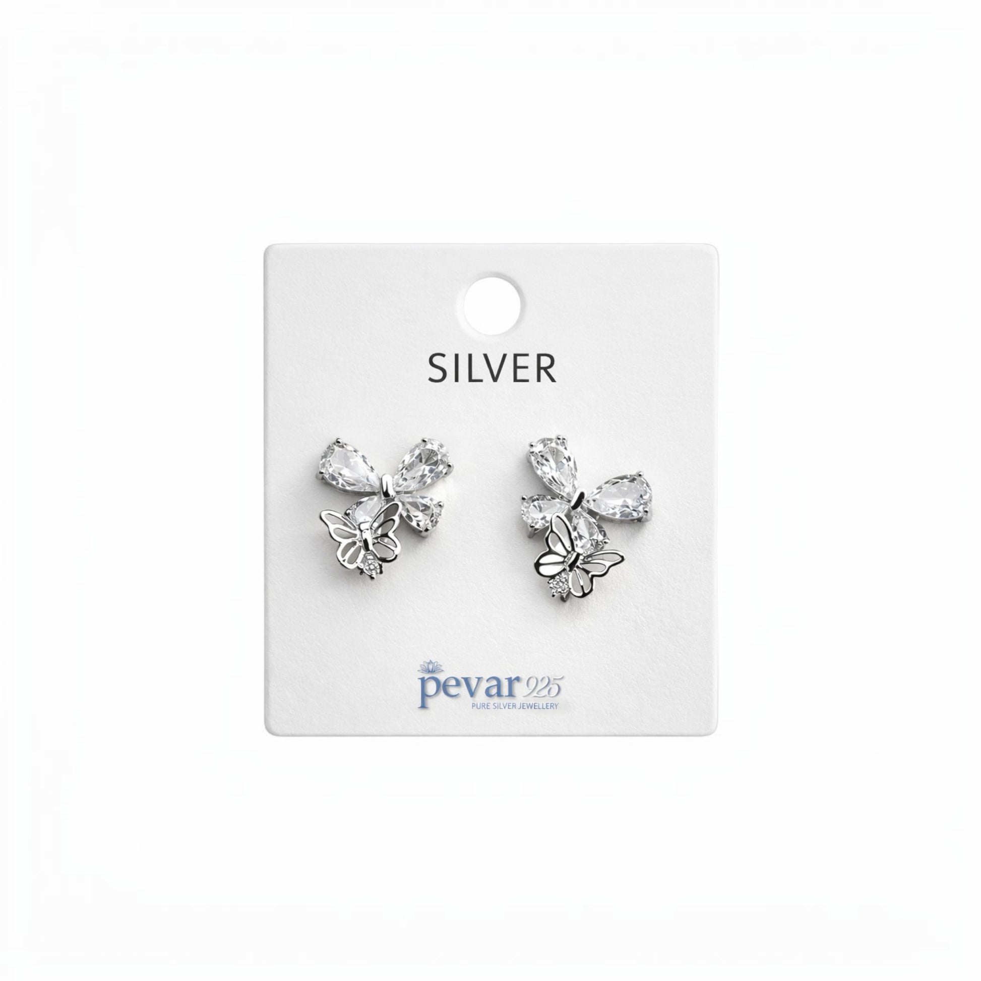 Silver butterfly earrings on a Pevar branded card 